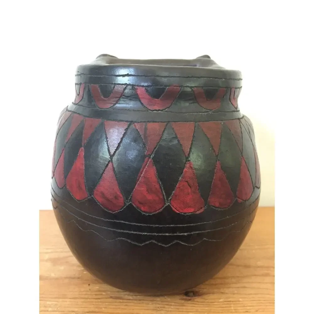 Vtg Handmade Barro Negro Black Pottery Mexican Figure Flower Vase Pot Planter